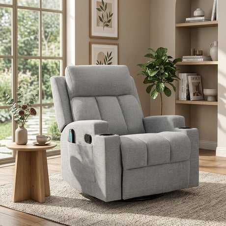 ZAIAM Light Gray Linen 34" Wide x 42" Recliner with Vibration-Massage, Heating and Cupholders