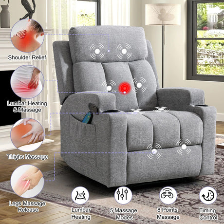 ZAIAM Light Gray Linen 34" Wide x 42" Recliner with Vibration-Massage, Heating and Cupholders