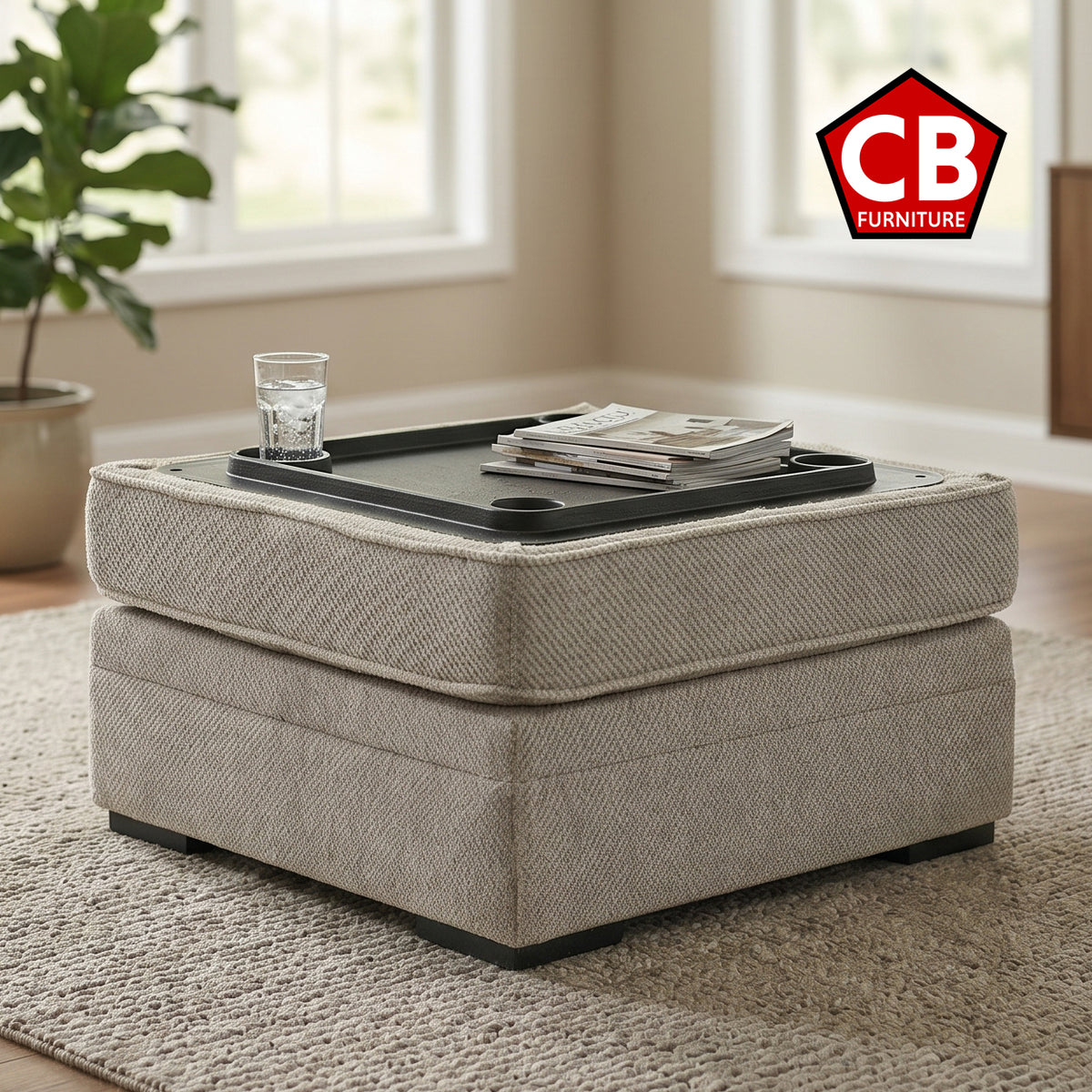 ZEMAYA Tan 38" x 38" Storage Ottoman with Cupholders