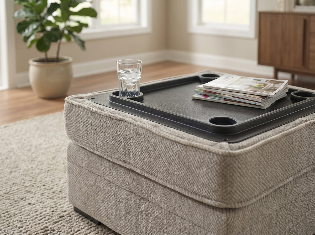 ZEMAYA Tan 38" x 38" Storage Ottoman with Cupholders