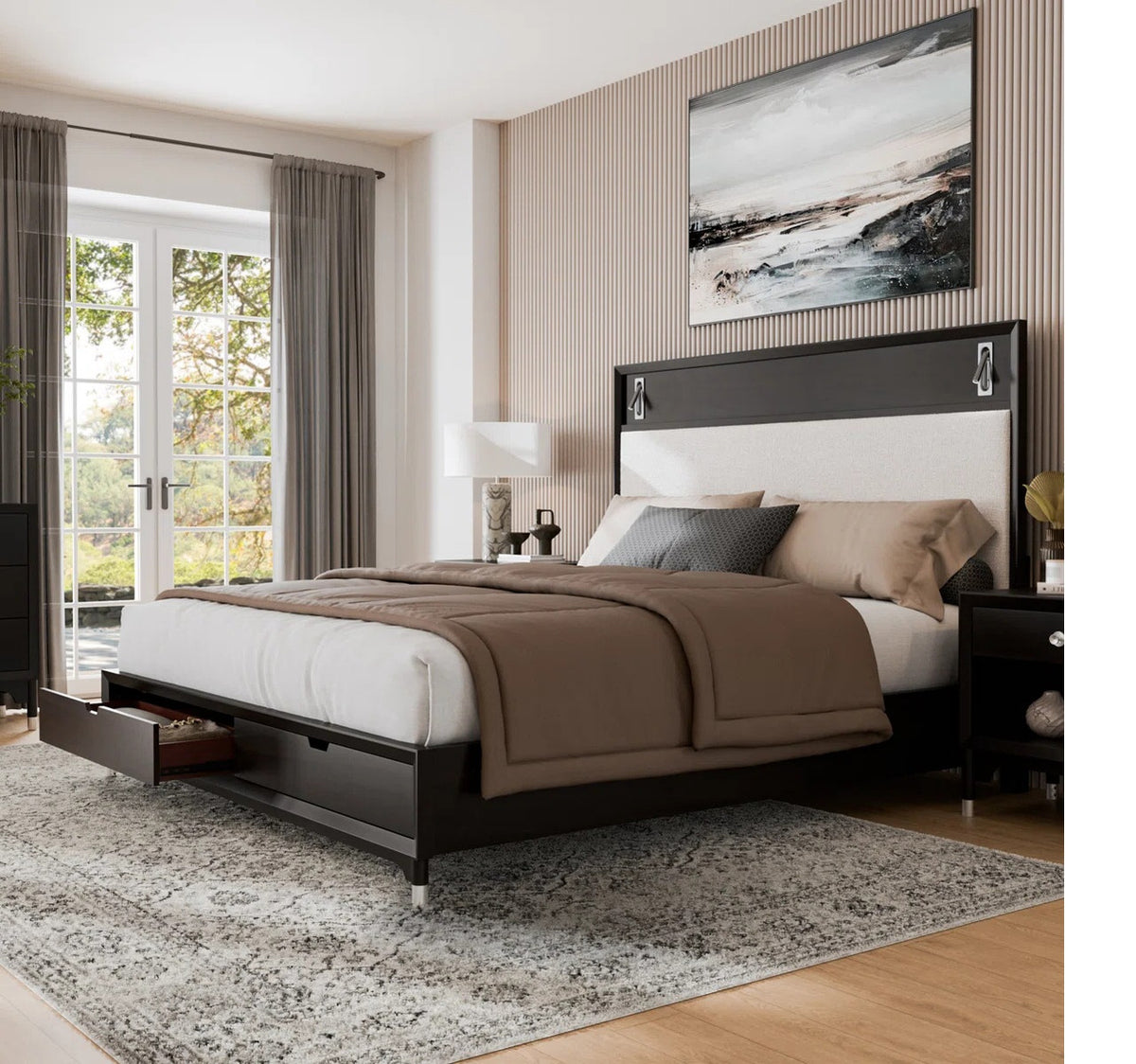 ZENDRO Black Bedroom Set with Fabric LED Bed