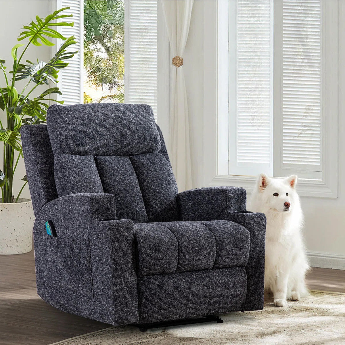 ZAIAM Dark Gray Linen 34" Wide x 42" Recliner with Vibration-Massage, Heating and Cupholders