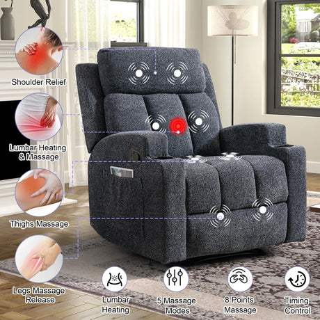 ZAIAM Dark Gray Linen 34" Wide x 42" Recliner with Vibration-Massage, Heating and Cupholders