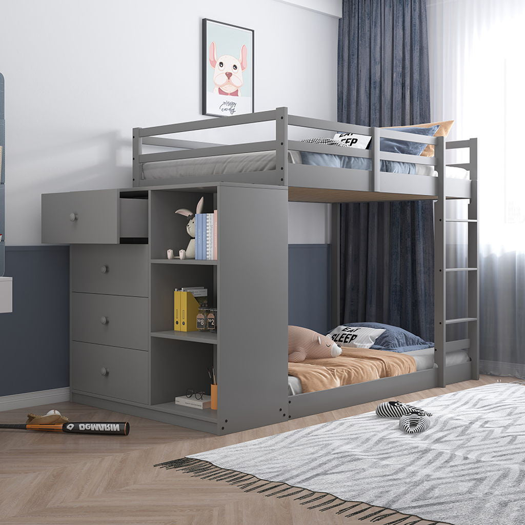 Gaston - Twin Over Twin Bunk Bed With 4 Drawers & 3 Compartments - Gray