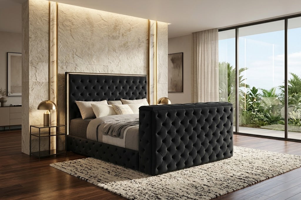 GENEVA LED Black Velvet Platform Bed with Fireplace and Lift-Up TV Mount