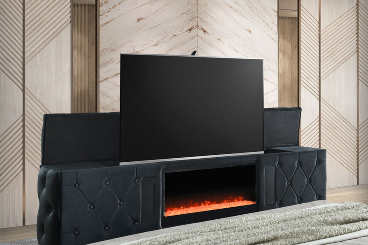 GENEVA LED Black Velvet Platform Bed with Fireplace and Lift-Up TV Mount
