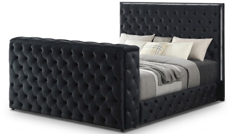 GENEVA LED Black Velvet Platform Bed with Fireplace and Lift-Up TV Mount
