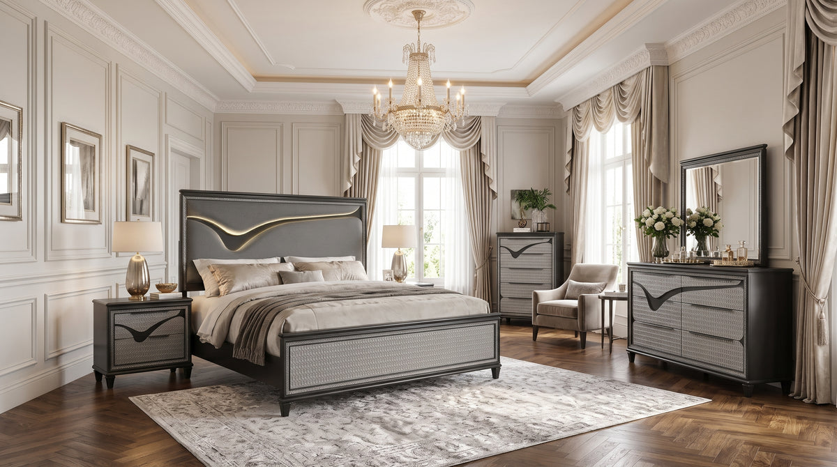 Solstice Black/Gray LED Bedroom With Storage