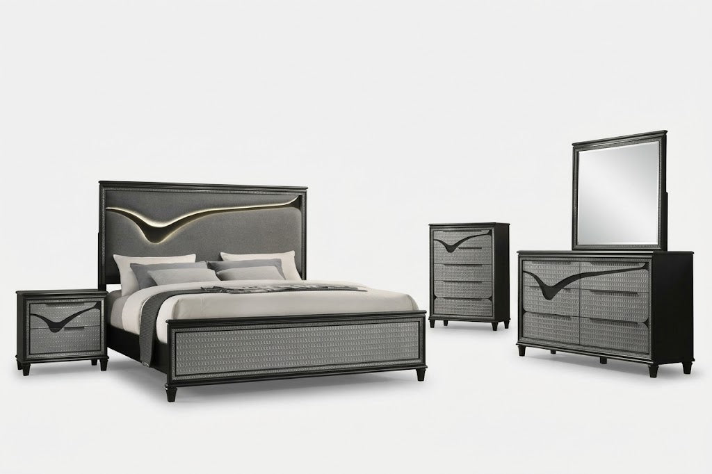 Solstice Black/Gray LED Bedroom With Storage