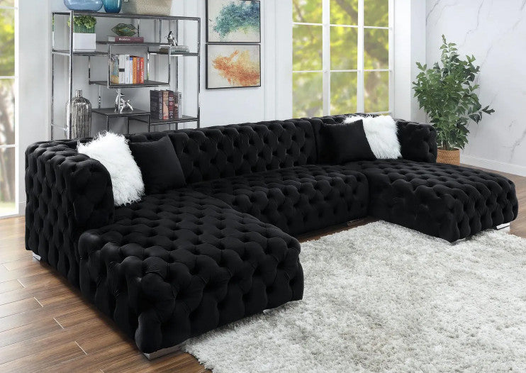 ELEGANTE Black Velvet 143" Wide Double Chaise Sectional