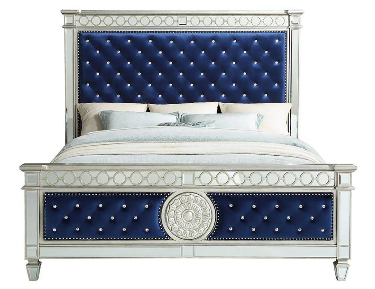 CLARATON Blue Fabric Bed With Mirrors