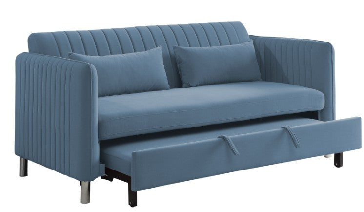 SUTTON Blue Fabric 72" Wide Pull-Out Sofa Sleeper