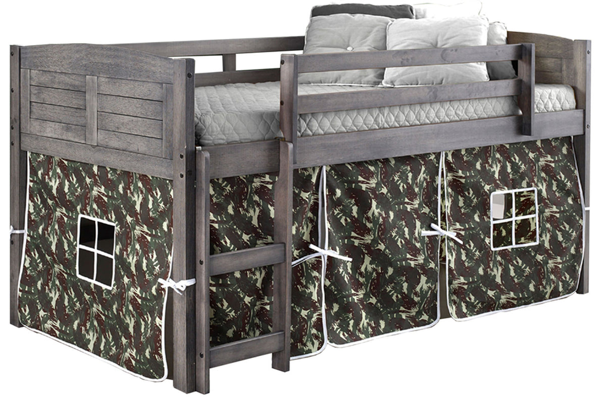 Canty Aged Grey Twin Loft Bed With Camo Tent