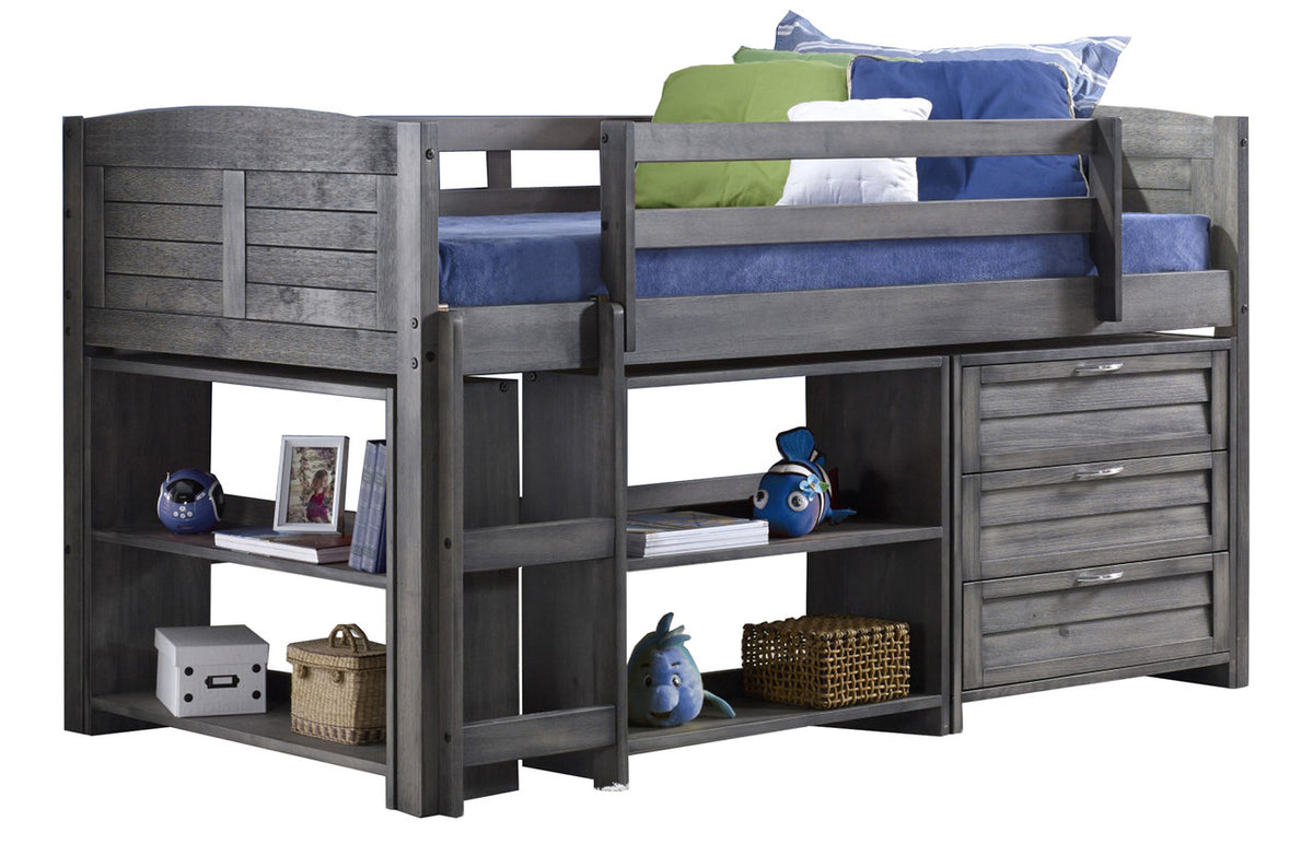Canty Aged Grey Twin Loft Bed With Chest & Bookcase