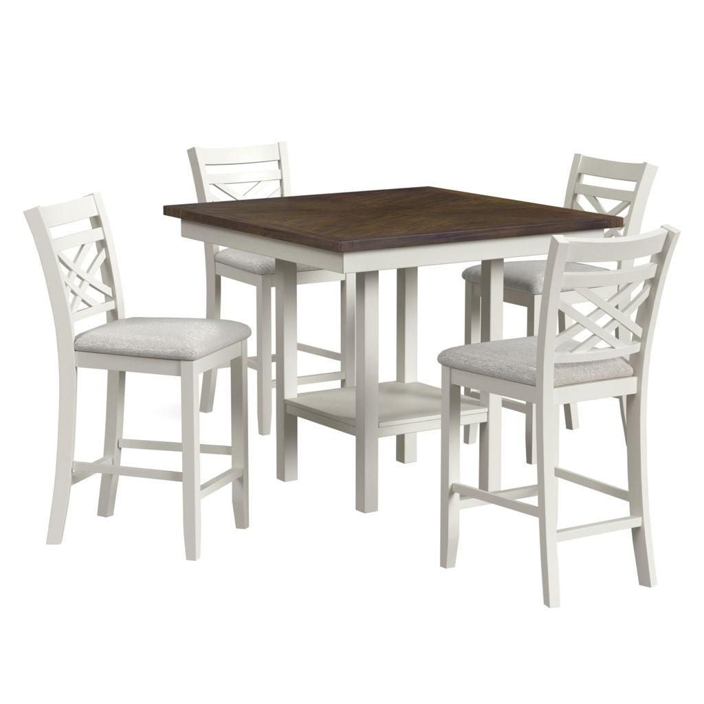 Brooks - 5 Piece Counter Set With Table And 4 Upholstery Seat & Wood Back Chairs - Medium Brown & White