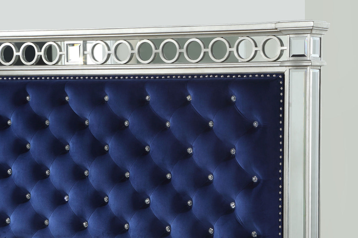 CLARATON Blue Fabric Bed With Mirrors Bedroom Set