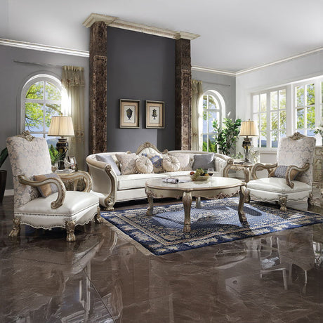 Dresden II - Sofa With 7 Pillows - Pearl Synthetic Leather & Gold Patina