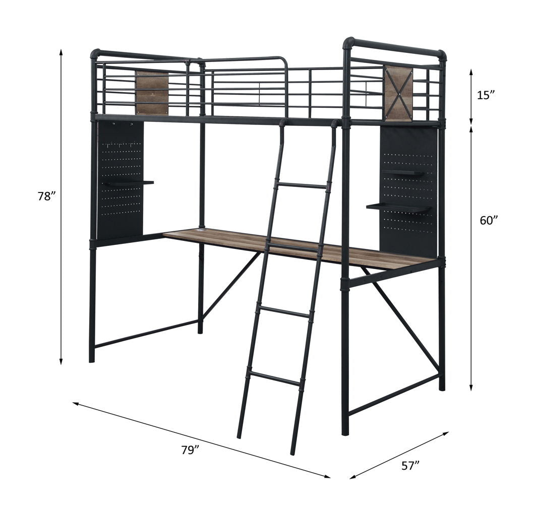 Cordelia - Twin Loft Bed With Desk - Antique Oak, Sandy Black & Dark Bronze Hand-Brushed