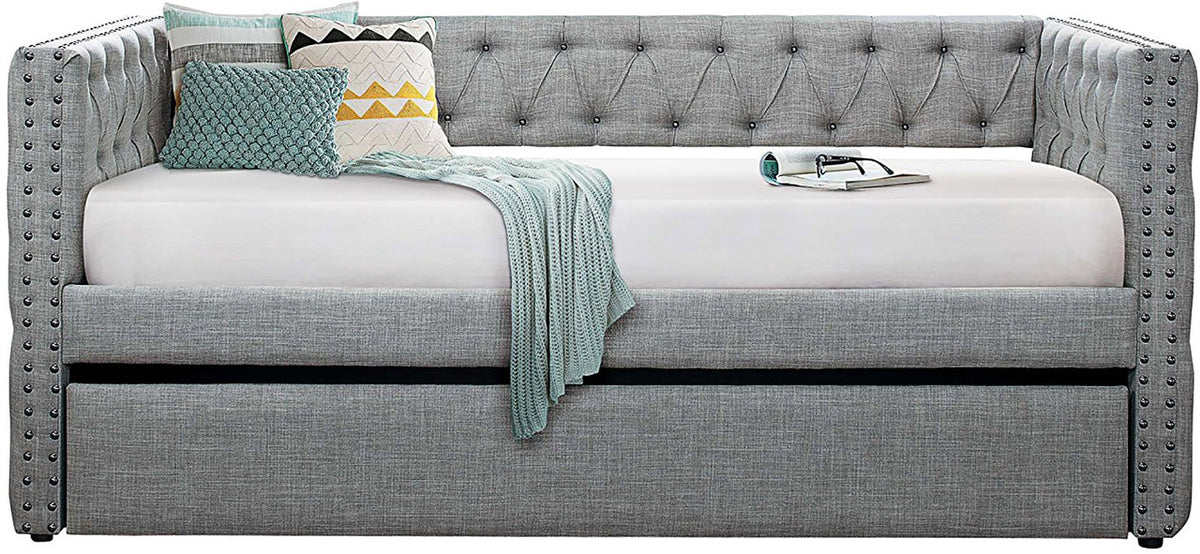 JENNIFER Gray Tufted Fabric Daybed With Trundle