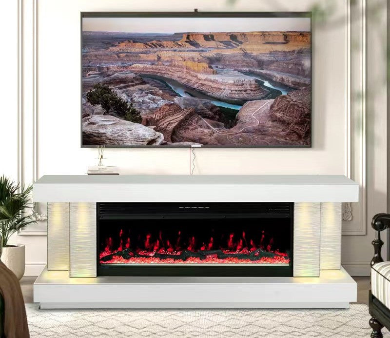 DINNA White 71" Wide x 28" Height TV Stand with Fireplace & Bluetooth Speakers