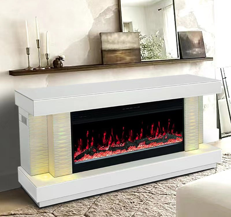 DINNA White 71" Wide x 28" Height TV Stand with Fireplace & Bluetooth Speakers