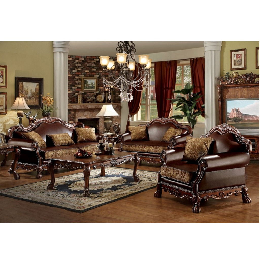 Dresden - Loveseat With 2 Pillows - Brown Synthetic Leather & Chenille, Cherry Oak