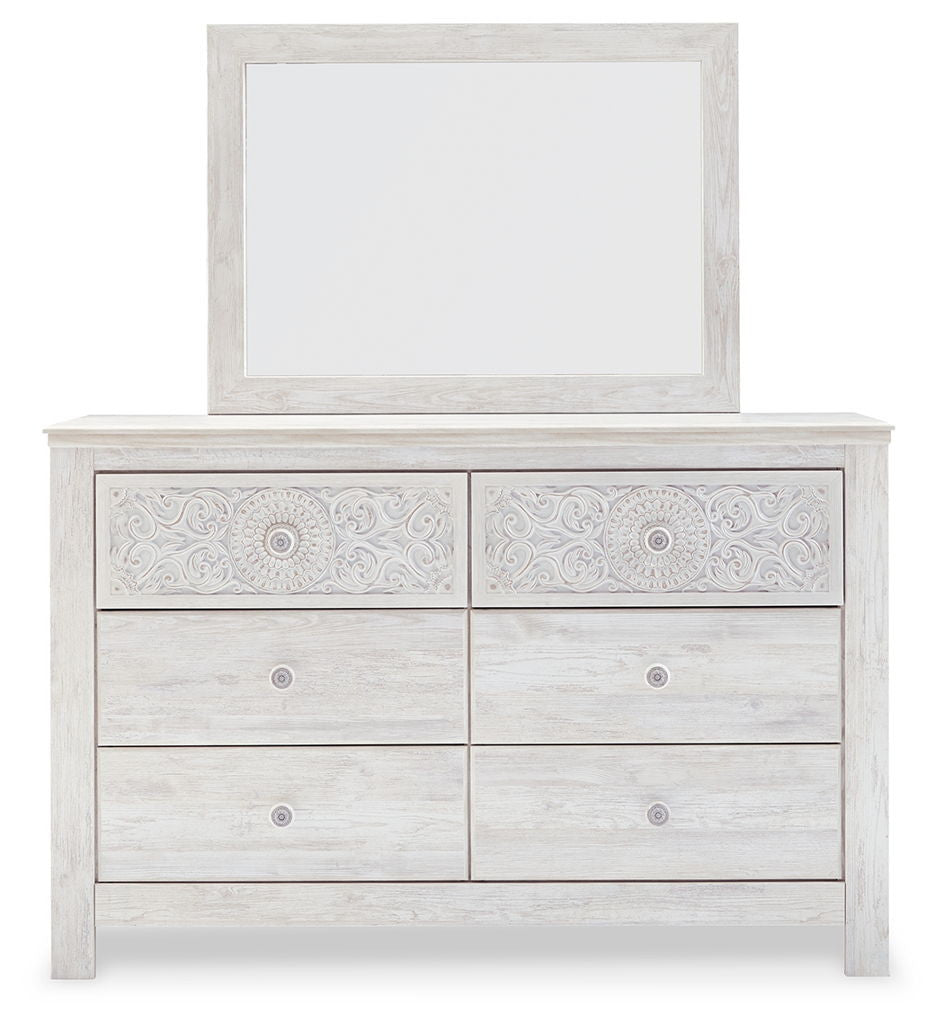 Paxberry - Dresser, Mirror - Medallion Drawer Pulls - Whitewash