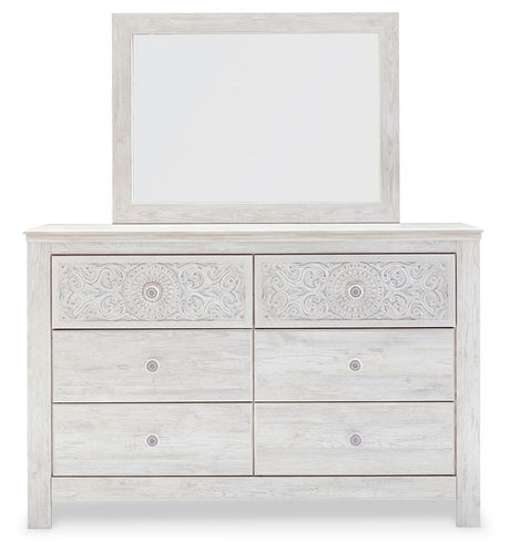 Paxberry - Dresser, Mirror - Medallion Drawer Pulls - Whitewash