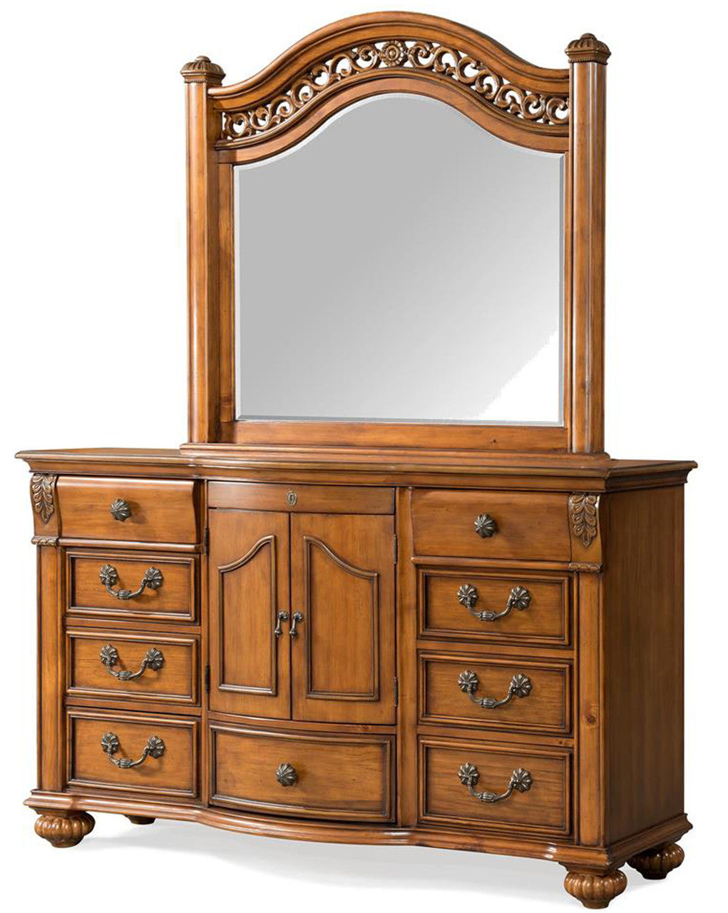 EVERETTE Warm Oak Dresser/Mirror With Hidden Push Drawer