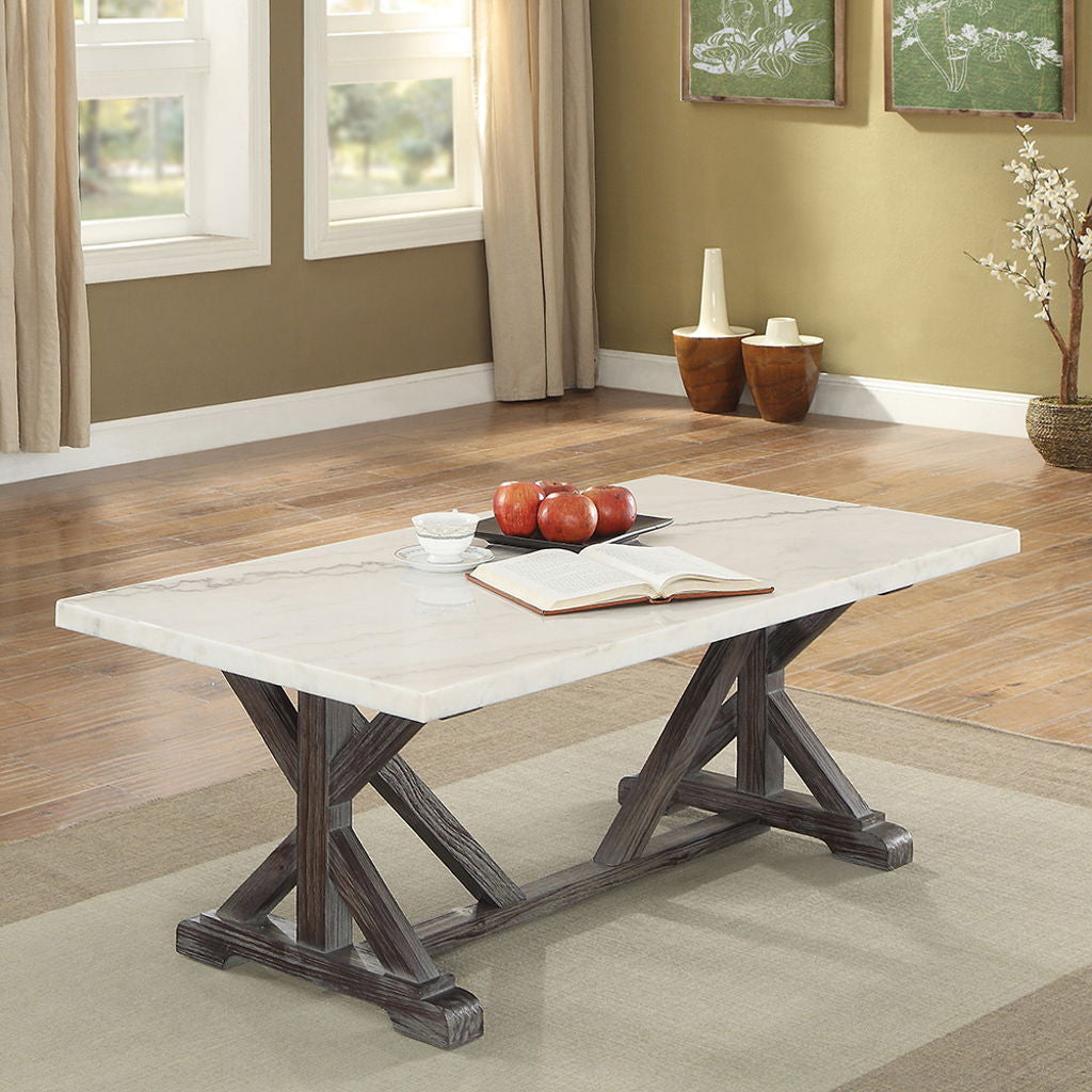 Romina - Coffee Table - White Marble Top & Weathered Espresso