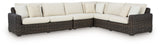 Kimora - 7 Pc. - 4-Piece Outdoor Sectional, Swivel Glider Lounge, Cocktail Table, End Table - Beige / Dark Brown
