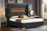 Lizbeth Black Velvet Platform Bed With Fireplace