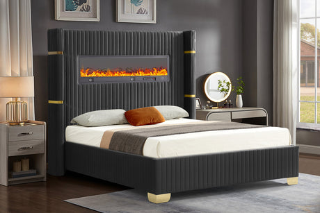 Lizbeth Black Velvet Platform Bed With Fireplace