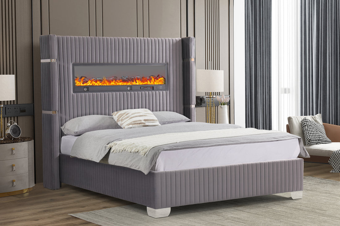 Lizbeth Gray Velvet Platform Bed With Fireplace