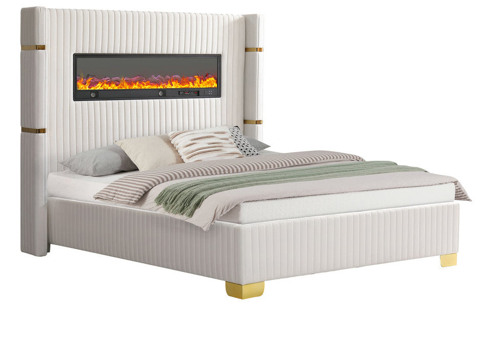 Lizbeth White Velvet Platform Bed With Fireplace