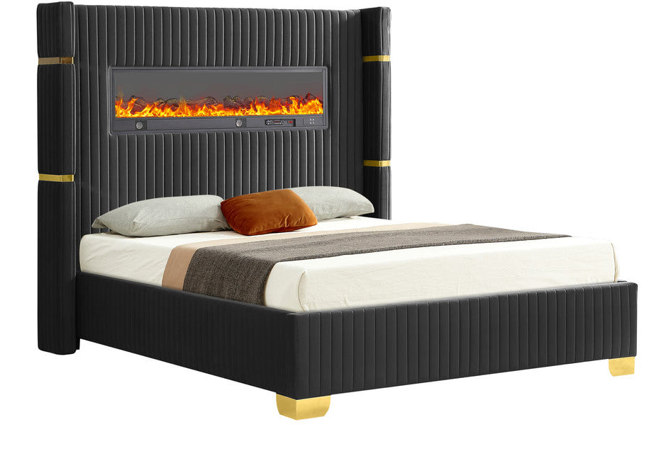 Lizbeth Black Velvet Platform Bed With Fireplace