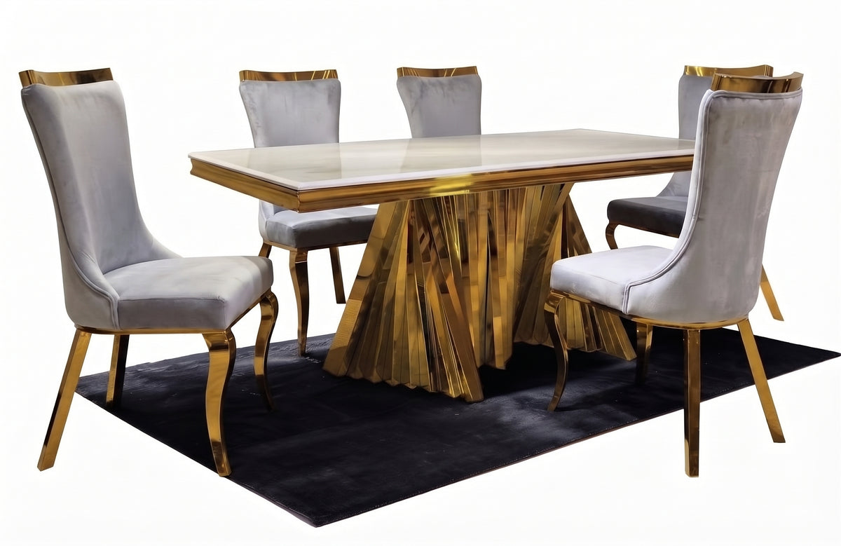 Seraphina Gray 7PC Stone Top With Gold Steel Dining Set