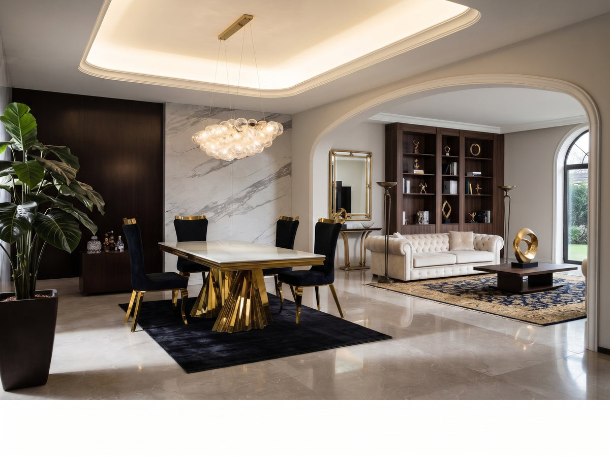 Seraphina Black 7PC Stone Top With Gold Steel Dining Set
