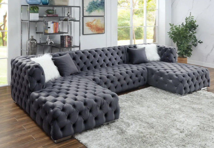 ELEGANTE Gray Velvet 143" Wide Double Chaise Sectional