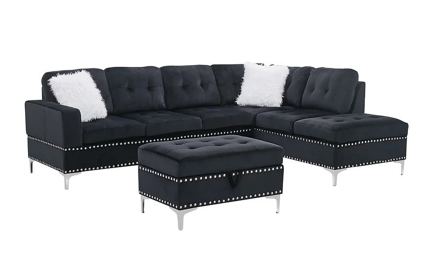 KUARRI Black Velvet 107" Wide Reversible Sectional