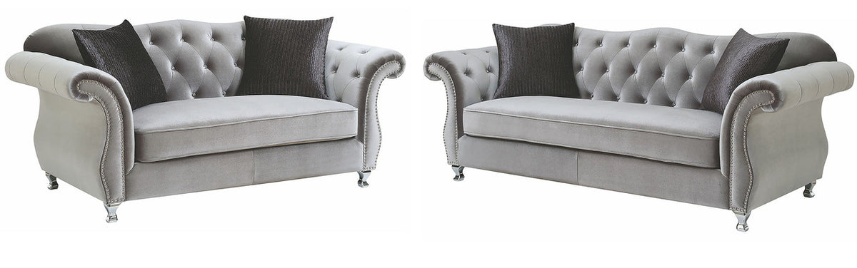 LANAH Silver Velvet Tufted Sofa & Loveseat