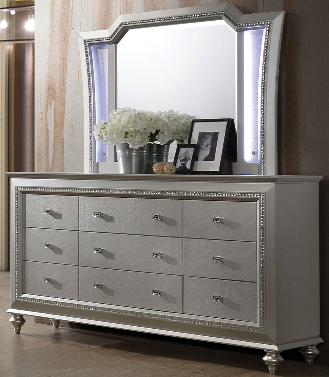 MARVILLA Silver LED 66" Wide Dresser & Mirror