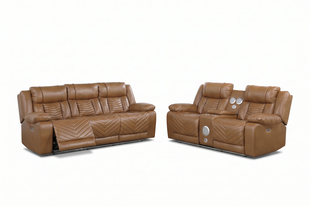 Overlook Caramel Brown Powered Reclining Sofa & Loveseat With Bluetooth