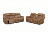 Overlook Caramel Brown Powered Reclining Sofa & Loveseat With Bluetooth