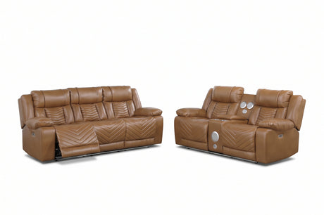 Overlook Caramel Brown Powered Reclining Sofa & Loveseat With Bluetooth