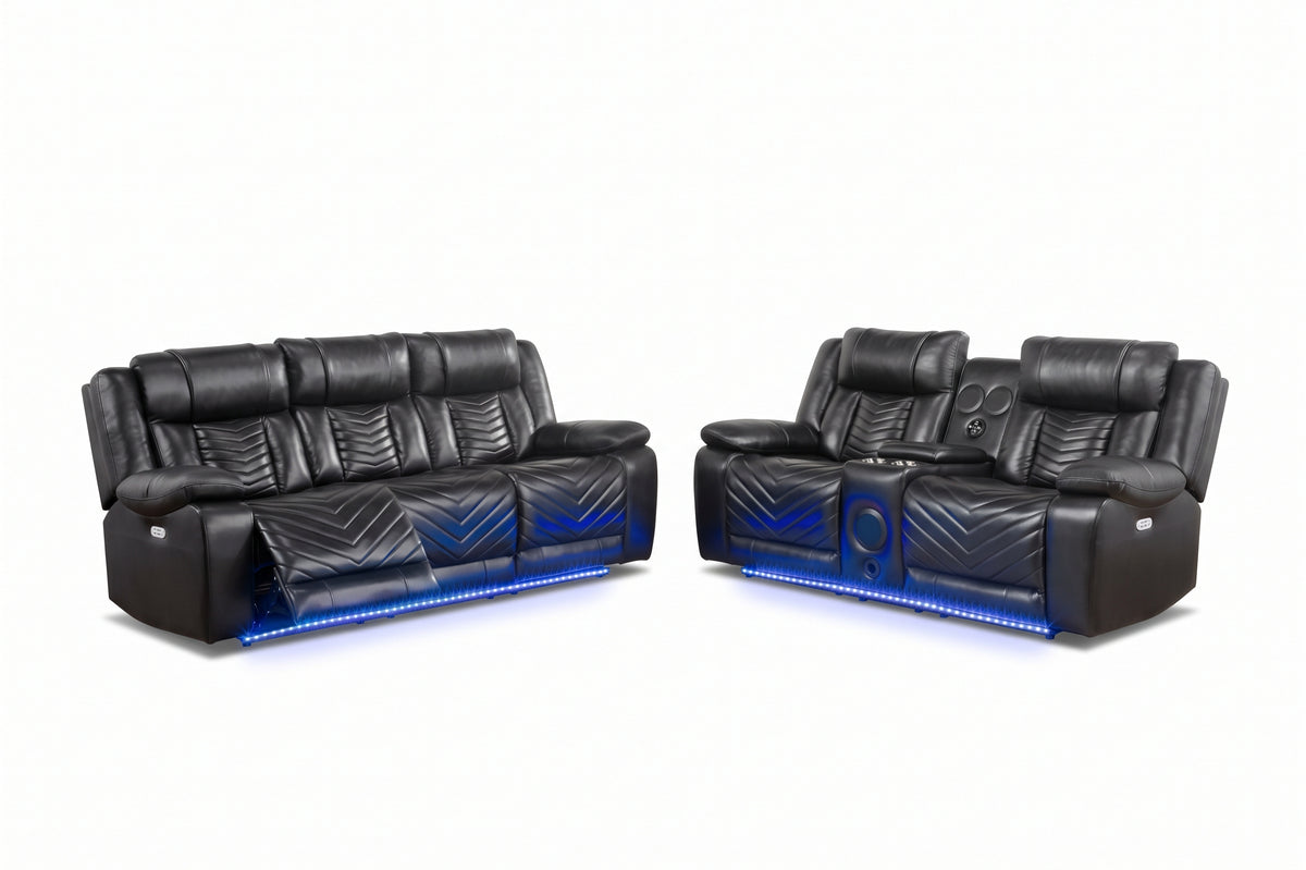 Overlook Black Powered Reclining Sofa & Loveseat With Bluetooth