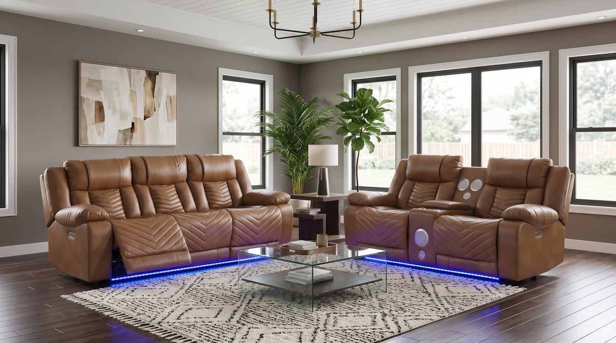Overlook Caramel Brown Powered Reclining Sofa & Loveseat With Bluetooth