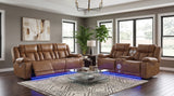 Overlook Caramel Brown Powered Reclining Sofa & Loveseat With Bluetooth