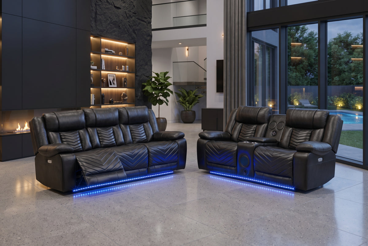 Overlook Black Powered Reclining Sofa & Loveseat With Bluetooth