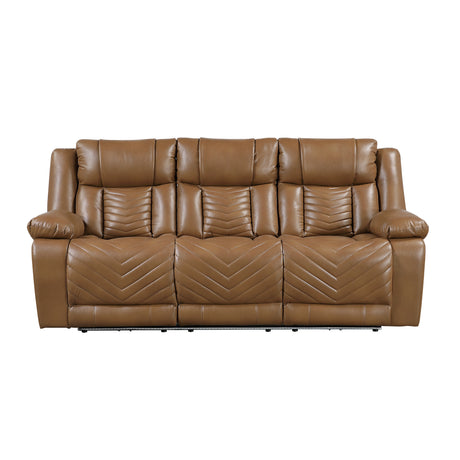 Overlook Caramel Brown Powered Reclining Sofa & Loveseat With Bluetooth
